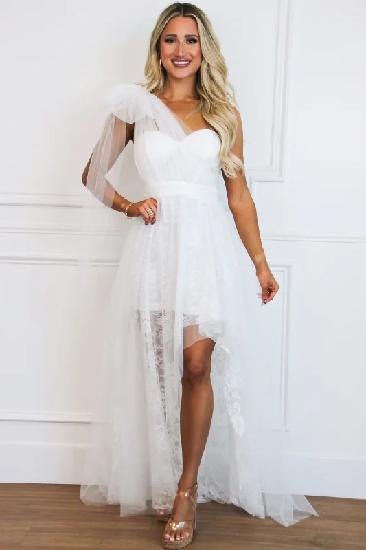 Ruffled Women Dress with Multiple Layers for a Playful and Girly StyleStay Together One Shoulder Bow Lace High Low Maxi Dress: Ivory