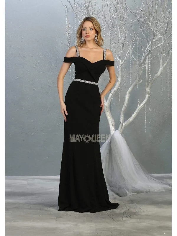 Pleated Women Dress with a Timeless and Elegant TextureMay Queen - MQ1765 Embellished Off-Shoulder Sheath Dress